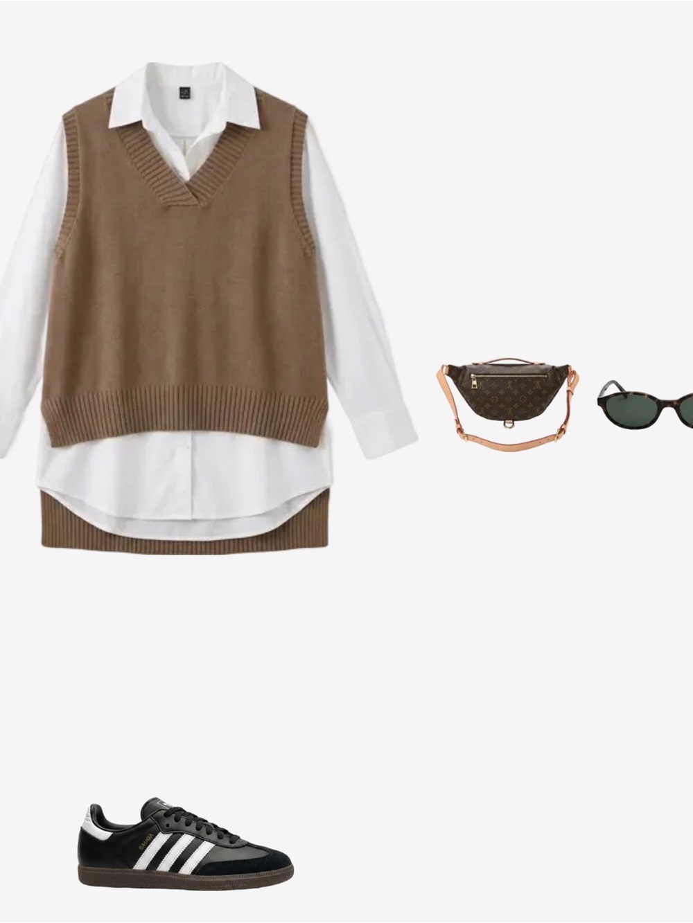 Brown Knit V‑Neck Sweater Vest with White shirt dress layer